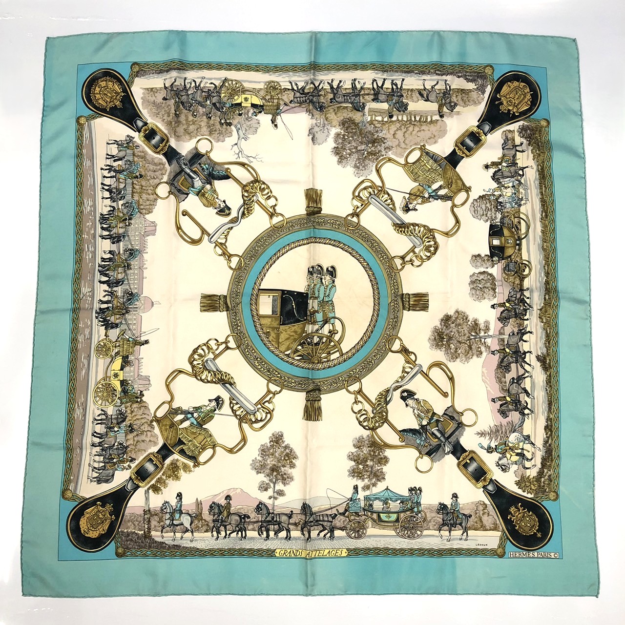 HERMES エルメス カレ90 GRANDS ATTELAGES 盛装の馬 スカーフ シルク グリーン レディース【中古】
