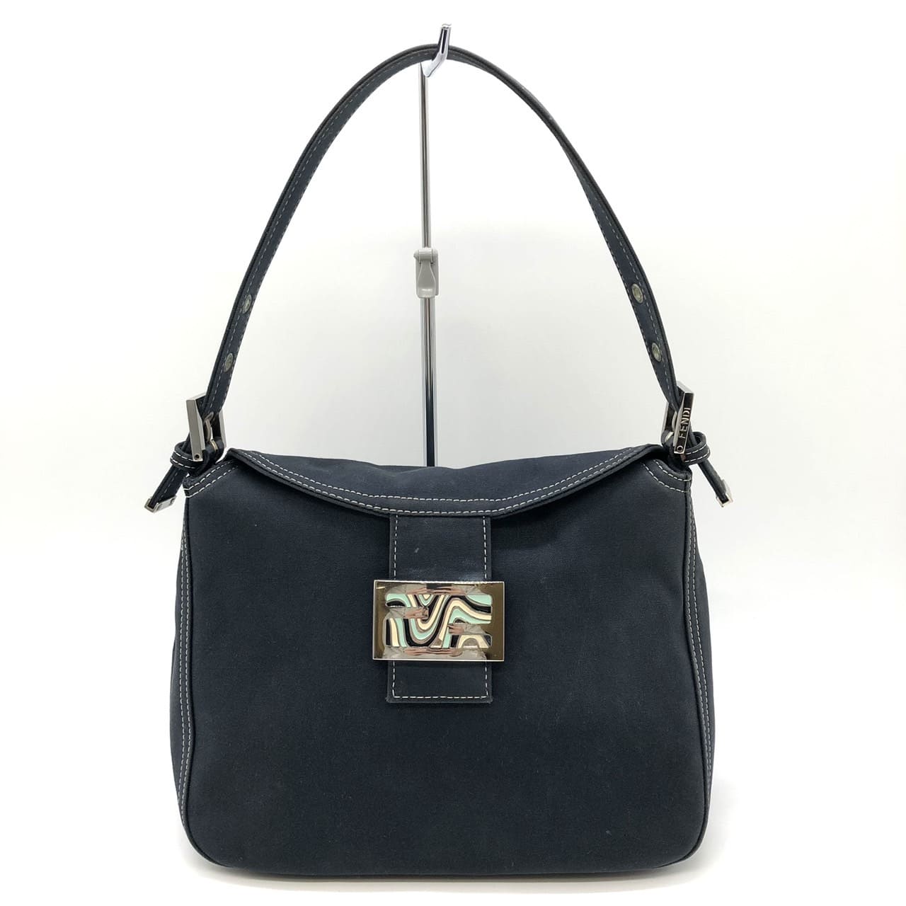 FENDI フェンディ マンマバケット マーブル ショルダーバッグ ハンドバッグ キャンバス ネイビー デニム レディース【中古】