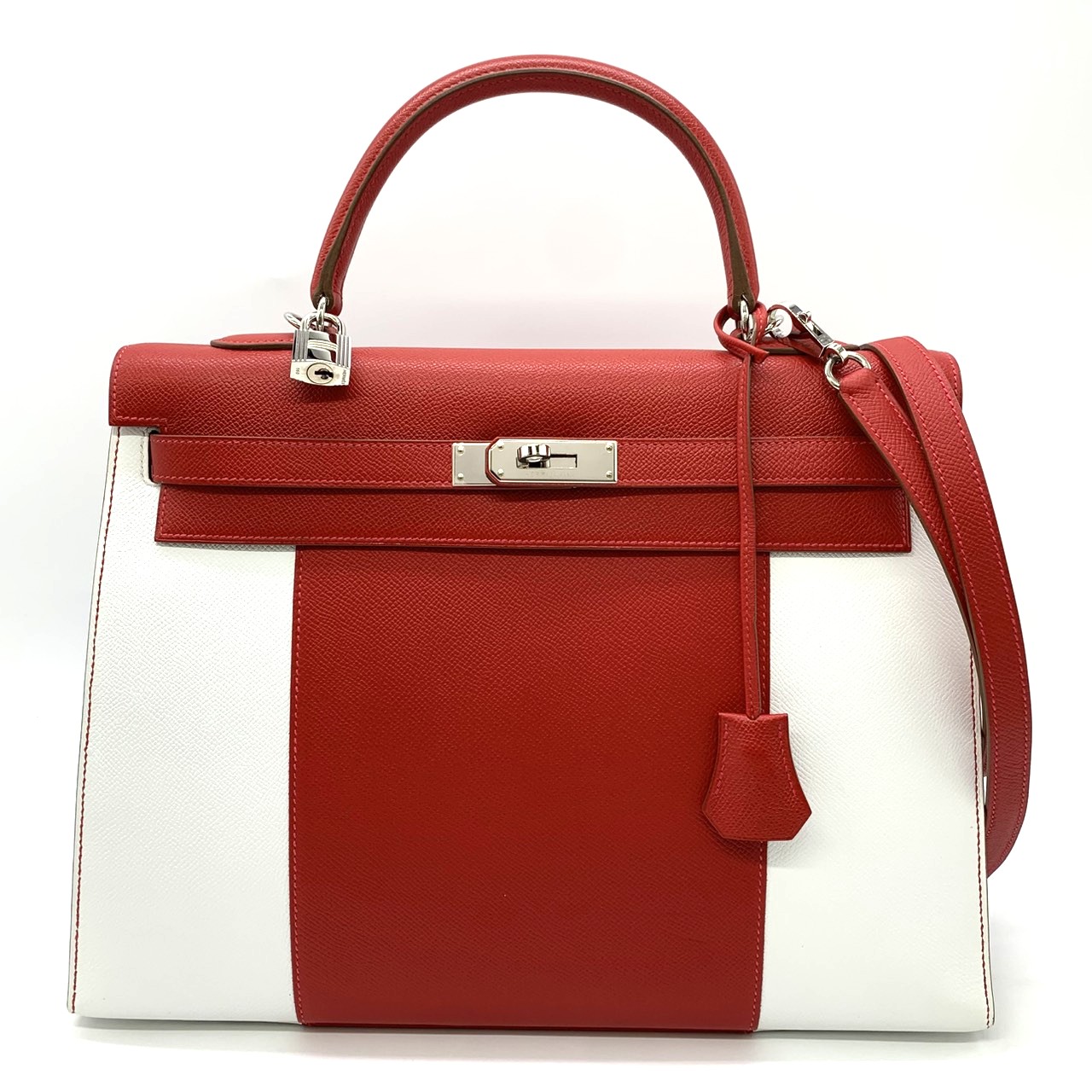 レア// HERMES エルメス ケリーフラッグ35 スターマーク(星刻印)□Q刻印 ハンドバッグ 外縫い ヴォーエプソン レッド ホワイト レディース【中古】