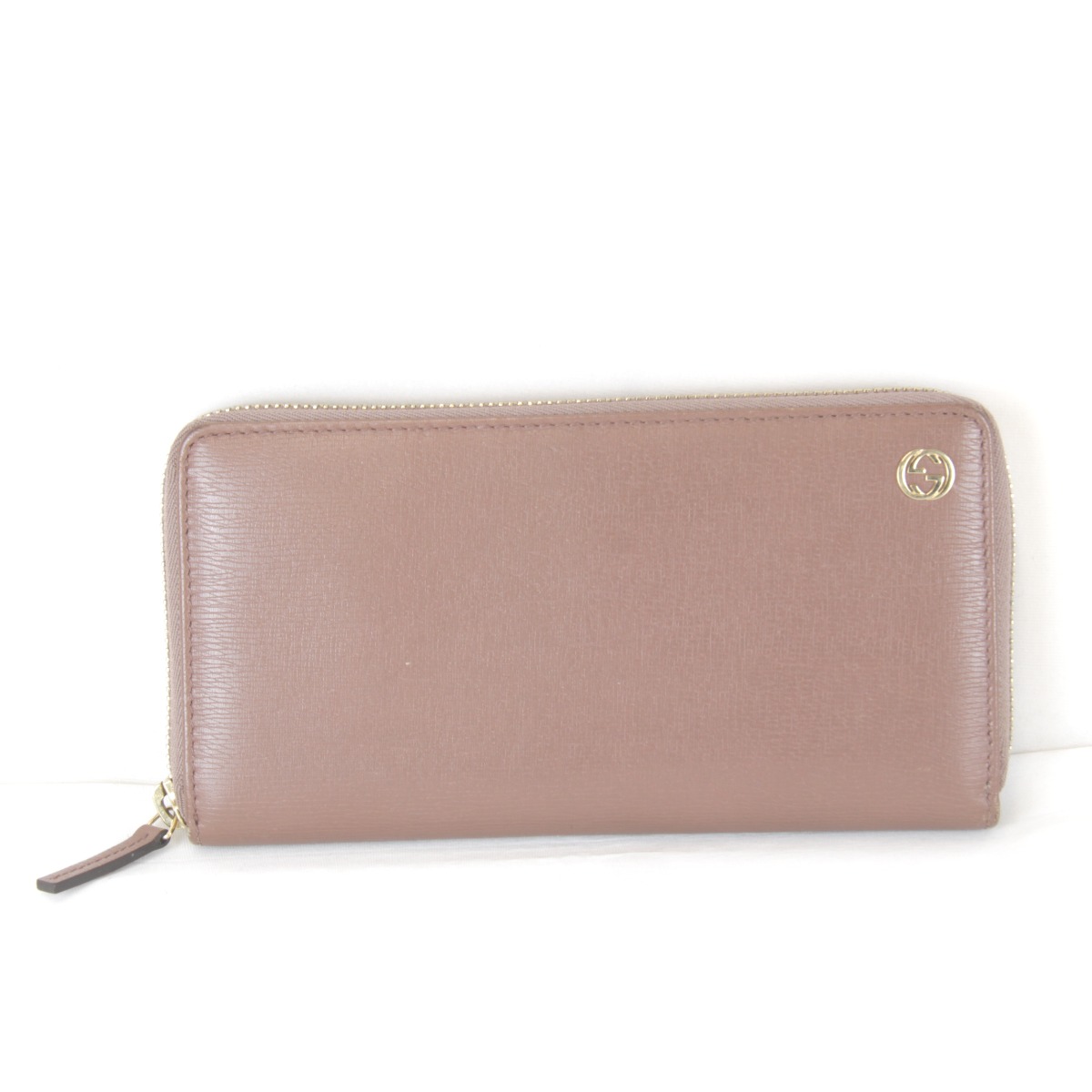 美品『USED』 GUCCI グッチ インターロッキング ラウンドジッパー 309705・534563 長紙入れ なめし革 ピンクグレージュ レディース【中古】