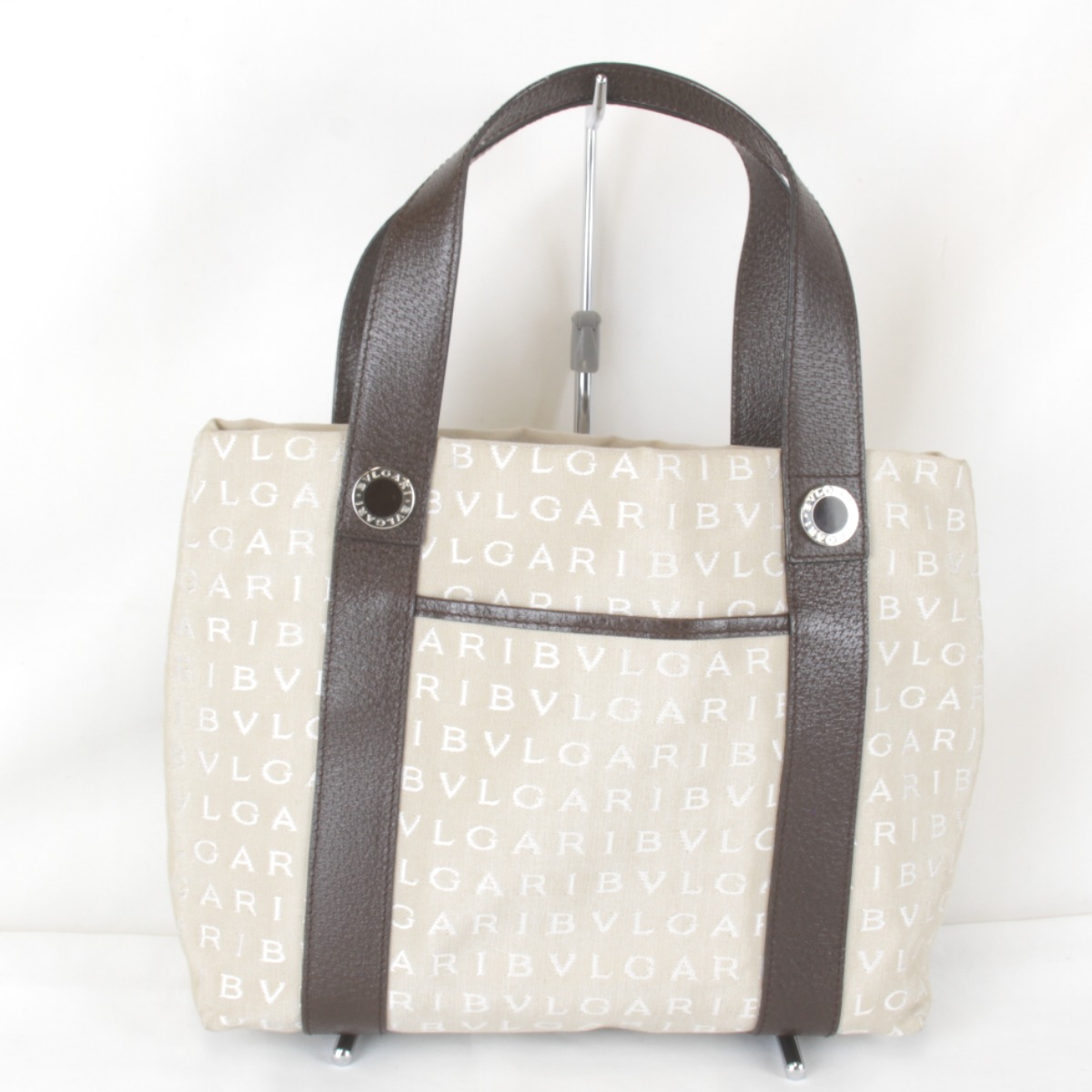 良品『USED』 BVLGARI ブル小峡谷  ロゴタイプ気違い 合切袋付 ハンドバック 帆布 ベージュ レディース【中古】