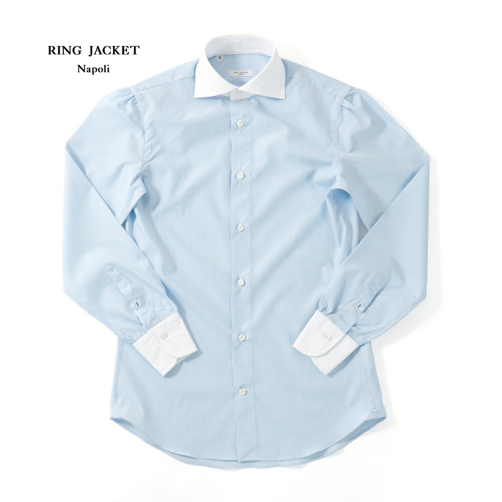 Ring Jacket Napoli ブルー ストライプ メンズファッション Napoli ワイドカラークレリックシャツ ワイシャツ リングヂャケットナポリ