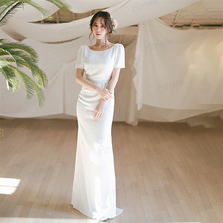 フォトドレス ウエディングドレス 袖あり 半袖 バックレス 花嫁ドレス フォト婚 前撮り 二次会 白 二人婚 wedding dress レディースドレス 結婚式 普段着 カジュアル ファスナー 前撮り 街歩き 後撮り 撮影用 披露宴 結婚式 演奏会 発表会 挙式ドレス
