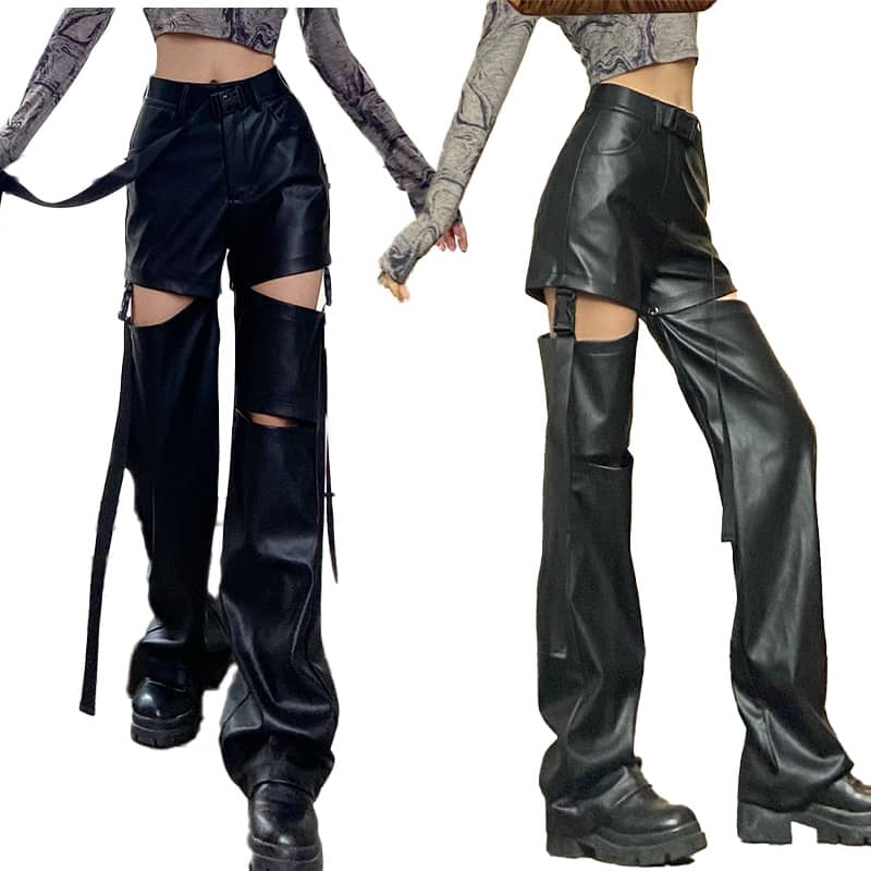 ダンスパンツ レディース 黒 ボトムズ レザーパンツ ワイドパンツ hiphop jazz 2WAY 取り外し可能 長ズボン ゆったり 大人ダンス カジュアルパンツ 送料無料