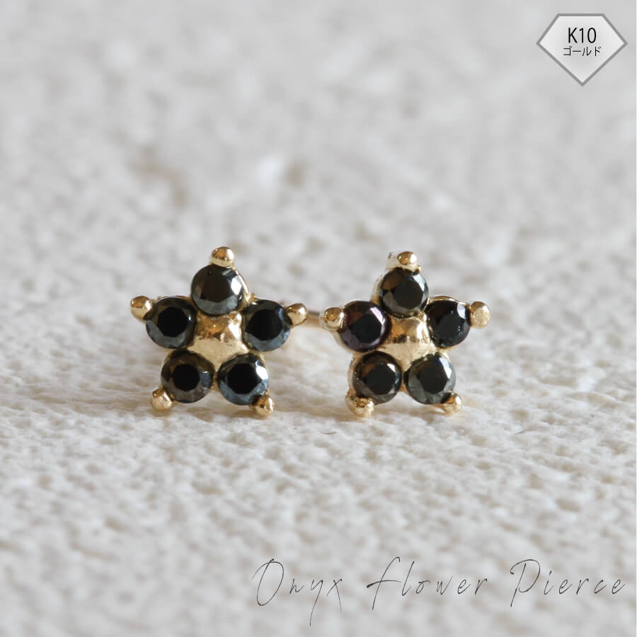 ピアス ゴールド pierce K10ゴールド フラワー 花 ブラックオニキス レディス 女性用 10金 10K イエローゴールド｜18金ネックレスのゴールデンリバー 13,226円