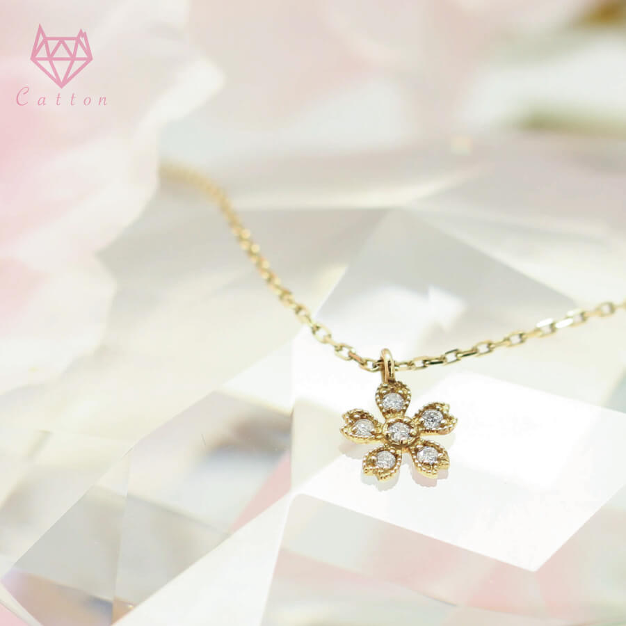 ダイヤモンド ネックレス さくら 桜 猫 K18 18金 ゴールド K10 10金