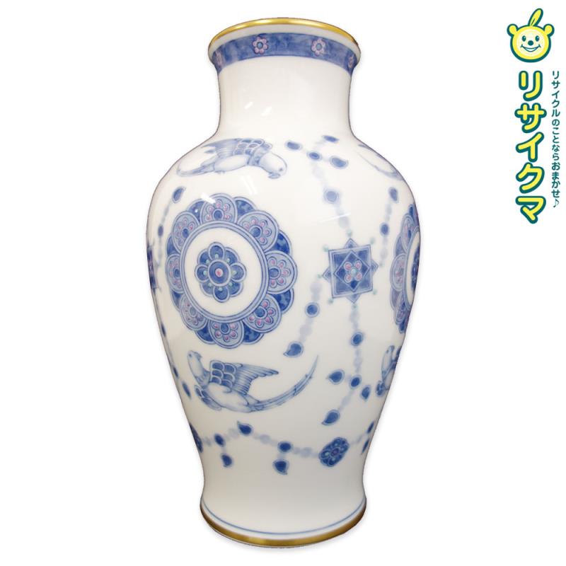 【中古】M▽大倉陶園 瑞鳥文花瓶 呉須更紗鳥絵 壺 花器 ■送料無料対象外・送料別途必要■ (38075)