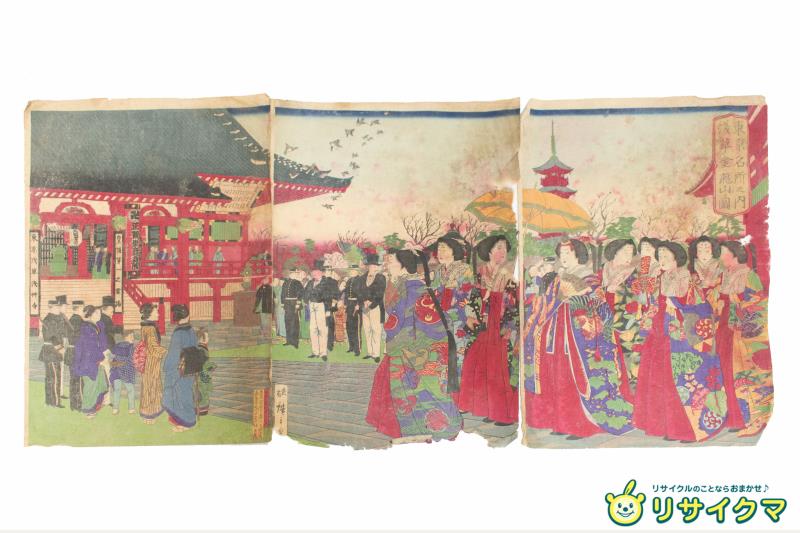 【中古】M▽三代目 歌川広重 三代広重 東京名所之内浅草金龍山ノ図 1879年 木版画 美人画 浮世絵 錦絵 大判 3枚揃 ■送料無料対象外・送料別途必要■ (222)