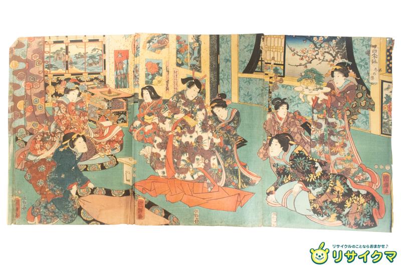 【中古】M▽歌川国輝 四季詠 冬の楽 1865年 木版画 美人画 浮世絵 錦絵 大判 三枚揃 三枚続 ■送料無料対象外・送料別途必要■ (K00380)