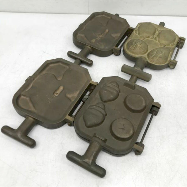 D8726YO 引き下げ！【デッド店卸し資産・未当て嵌める品】4点書き割り たい焼き器 煎餅焼き器 焼き型 お菓子型  鯛 鶴 亀 せんべい  勝手もと備品バス発着場・御勤め用