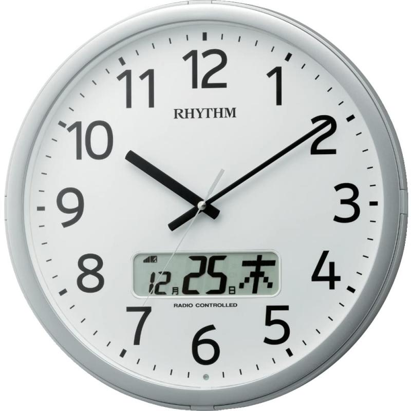 リズム時計 RHYTHM 電波 掛け時計 プログラムカレンダー01SR チャイム付き シルバー色 4FNA01SR19|日用雑貨 RISE店