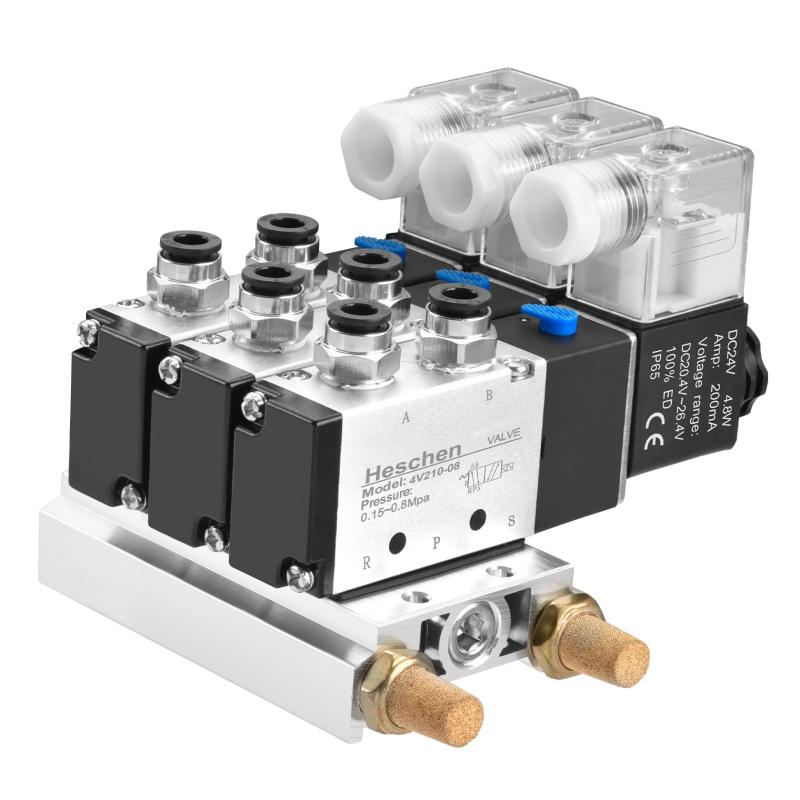 Heschen 電気式空気圧ソレノイドバルブ, 4V210-08 24VDC 4.8W, PT1/4, 5ウェイ2ポジション, シングルコイル, パイロット操作式電気, フィッティングおよびマフラー付き|日用雑貨 RISE店