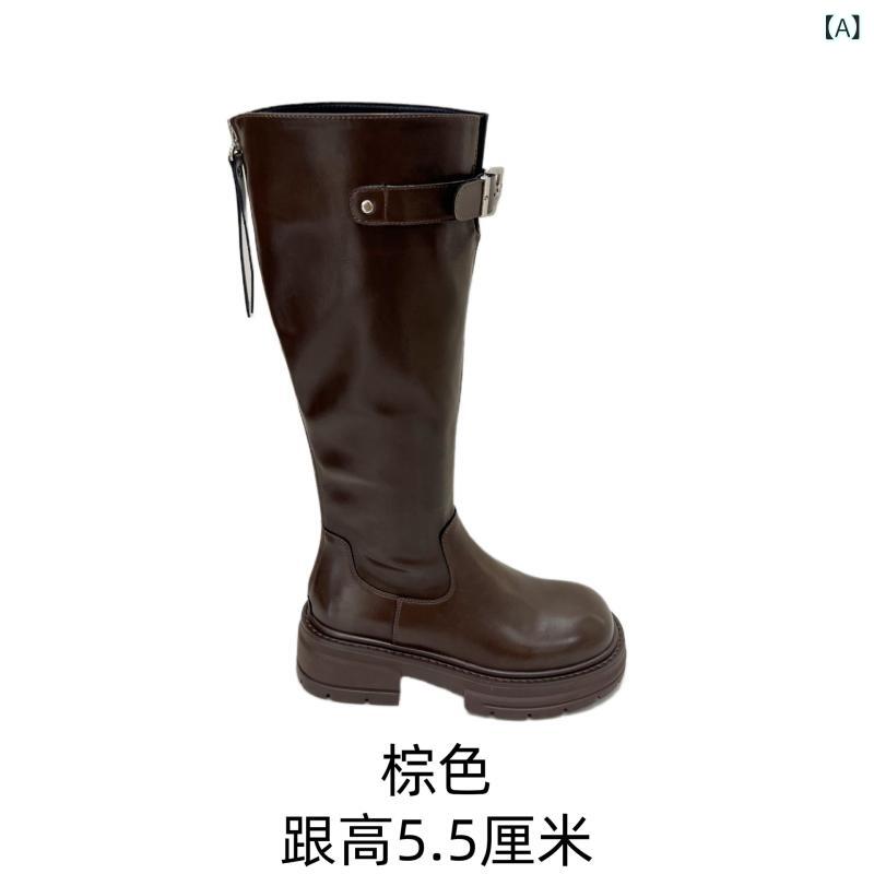 レディース ブーツ ラウンドトゥ バックル 厚底 ロング 膝下丈 馬乗り  小っちゃい か細い 脚長成り行き 今めかしい 歩き分かりやすい 秋冬 コーデ