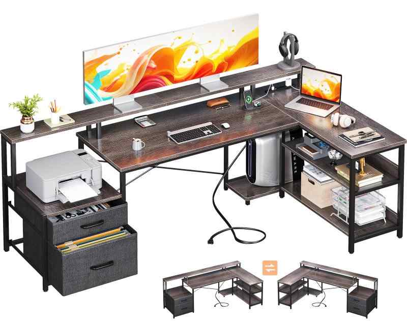 ODK パソコンデスク コンセント付き ゲーミングデスク 引き出し l字デスク 棚付き 机 pcデスク 勉強机 オフィス ワークデスク 幅172 事務机 在宅勤務 組立簡単 16,024円