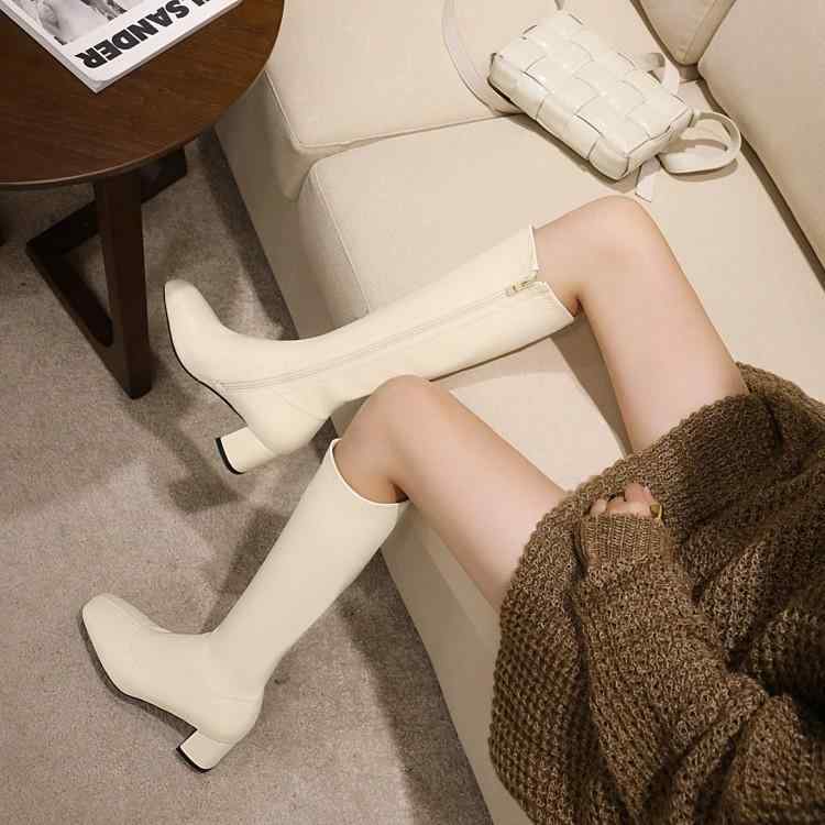 ロングブーツ 女性用 秋冬 ベージュ 太ヒール 膝下丈 スリムシルエット 細身 チャンキーヒール カジュアル 快適 普段使い