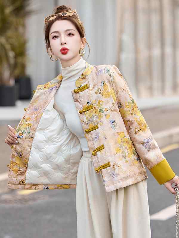 レディース 秋冬 ダウンジャケット 中国風 唐装 コート レトロ 花柄 盤扣 暖か 軽量 保温 スタイリッシュ 普段使い