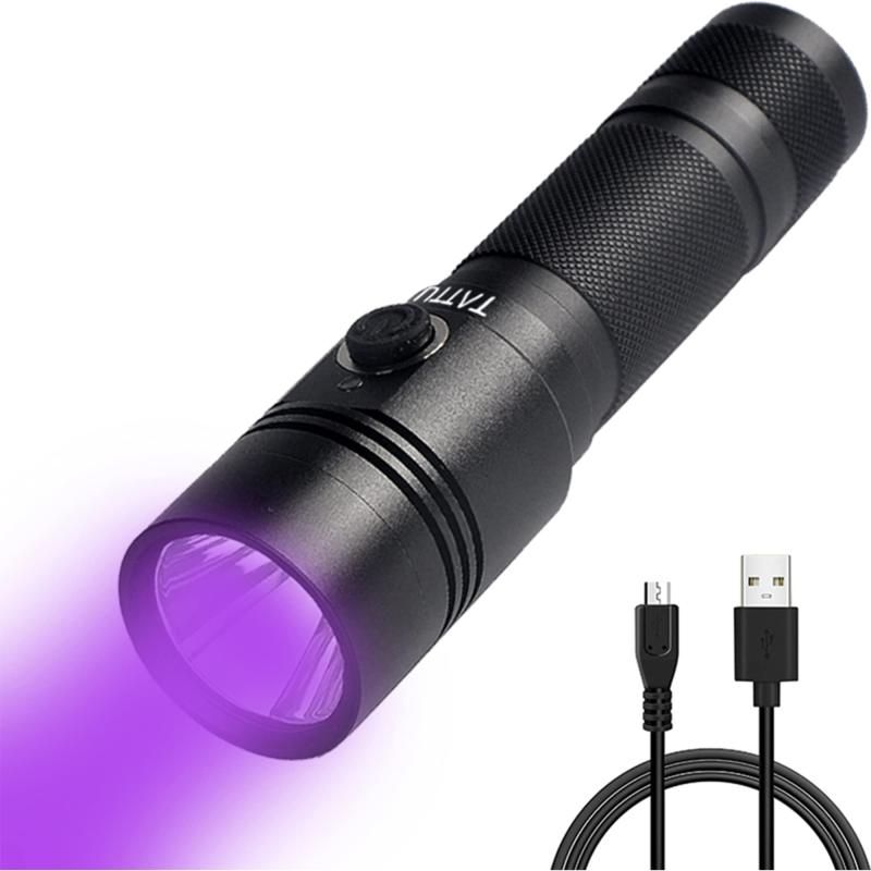 TATTU UVブラックライトトーチUV01充電式ブラックライト懐中電灯10W紫外線395nm LEDランプ、18650バッテリーとマイクロUSB充電ケーブル