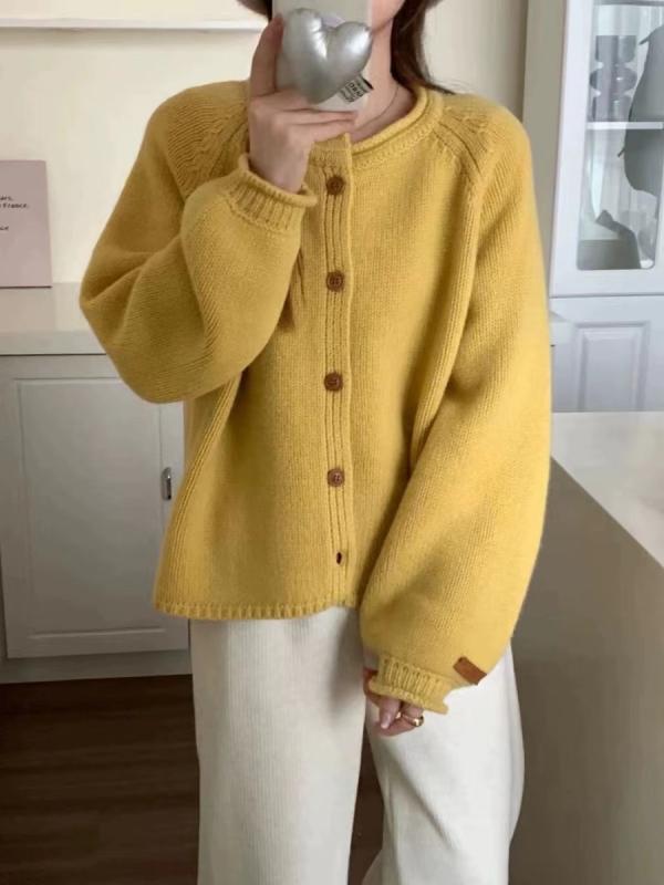 レディース ニット カーディガン 春 巻き縁 ランタンスリーブ ゆったり かわいい フィット 長袖 アウター 柔らかい 素材 カジュアル トップス 日常使いx2