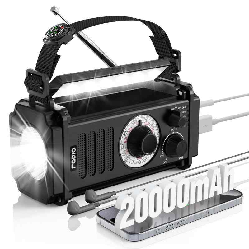 Shinmax 防災ラジオ 【20000mAh電池内蔵】 手回しラジオ 多機能 AM/FM対応 SOSアラートコンパス 懐中電灯 読書灯 イヤホンジャック付き 非常用 防災用 アウトドア キャンプ USB充電式 ソーラー充電