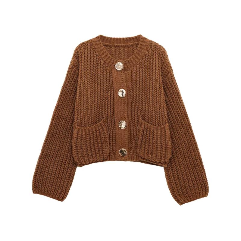 ニットセーター 秋冬 ゆったり 粗編み 長袖 シングルボタン ポケット 暖か アウター ビッグシルエット 厚手 普段使い カジュアル スタイルx2