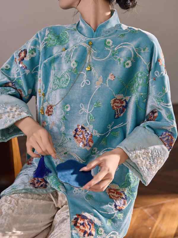 レディース チャイナ風 ベルベット ブラウス 盤扣 ペンダント 飾り 上品 トップス 春秋 柔らかい 素材 エレガント スタイル 通勤 普段使い