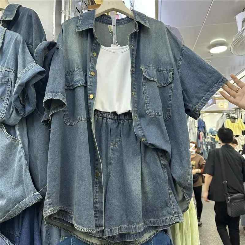 レディース 大きめサイズ デニム 短袖シャツ ショートパンツ ジャケット セットアップ 夏 カジュアル 通勤 普段使い 伸縮性 吸湿速乾 ライトウェイト