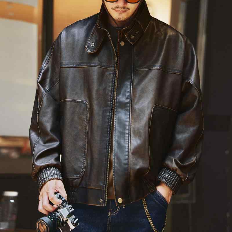 メンズ レトロ ライダースジャケット 革 アウター 秋冬 カジュアル ストリート ワーク スタイル タフ 合成皮革 ビッグシルエット 通勤 普段使い