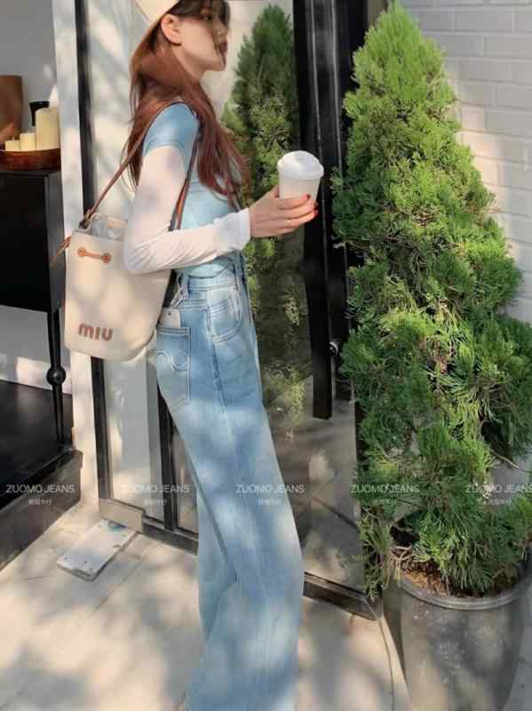レディース ハイウエスト ワイドレッグ デニムパンツ 春 韓国 ゆったり スリム効果 ストレート ロング丈 カジュアル 普段使い 綿素材 伸縮性