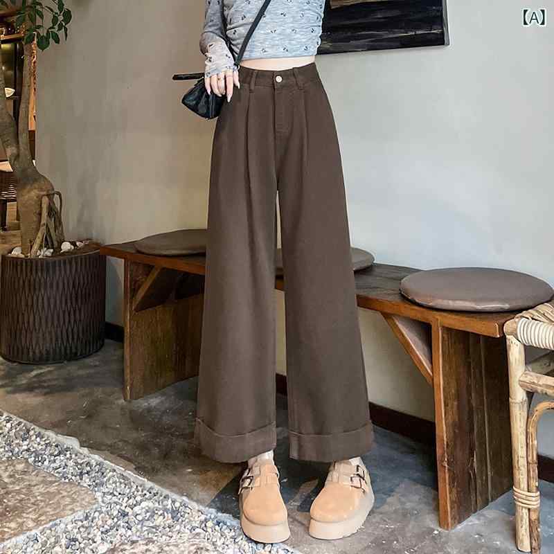 デニムパンツ レディース ワイドレッグ ハイウエスト ストレート アンクル丈 ロールアップ レトロ アメリカンスタイル ブラウン 春秋 デニム素材 ストレッチ 普段使い