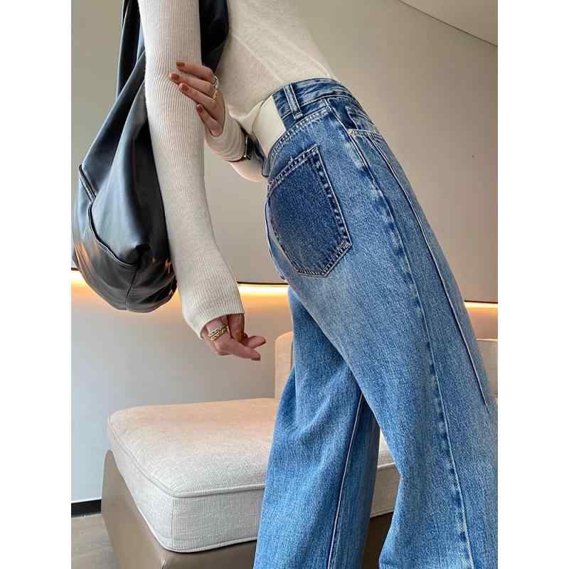 レディース デニムパンツ ハイウエスト ストレートワイドレッグ ゆったり フロア丈 ヴィンテージ風 春秋 デニム素材 細見え スタイリッシュ フィット カジュアル