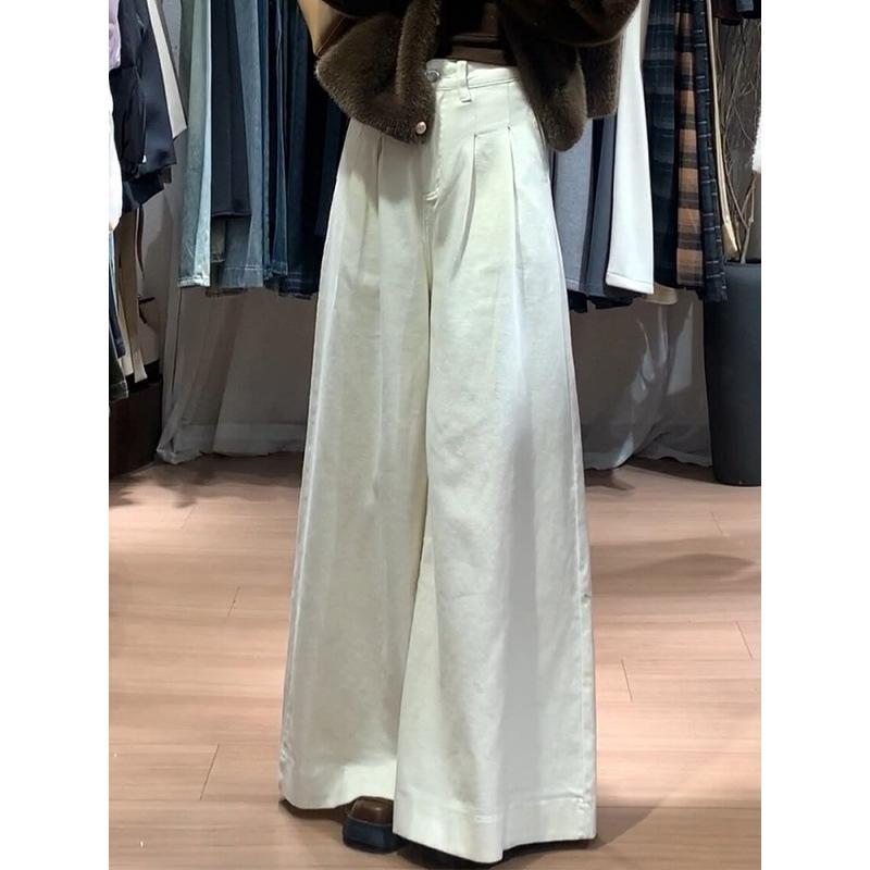 レディース デニムパンツ ワイドレッグ ゆったり プレーツ ホワイト 高級感 韓国 春 ロング丈 コーディネートしやすい カジュアル 普段使い デニム素材 軽量 伸縮性