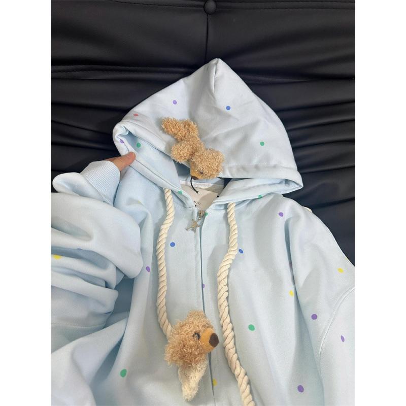 レディース フード付き スウェット カーディガン かわいい クマ プリント 水玉 柄 ゆったり オーバーサイズ 春秋 薄手 暖か 内側 コットン 混 リラックス スタイル 日常使い