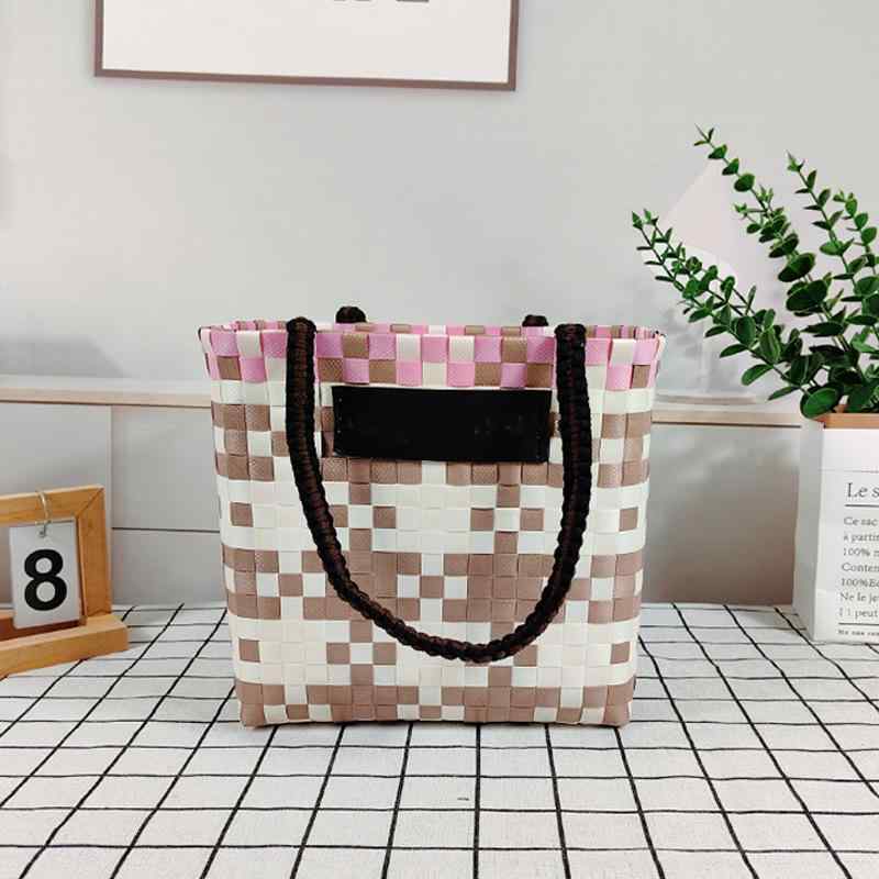 レディース 草編み バッグ チェック柄 コントラストカラー 手編み ハンドバッグ ショッピング バスケット 風 マルチカラー 普段使い 軽量 ナチュラル