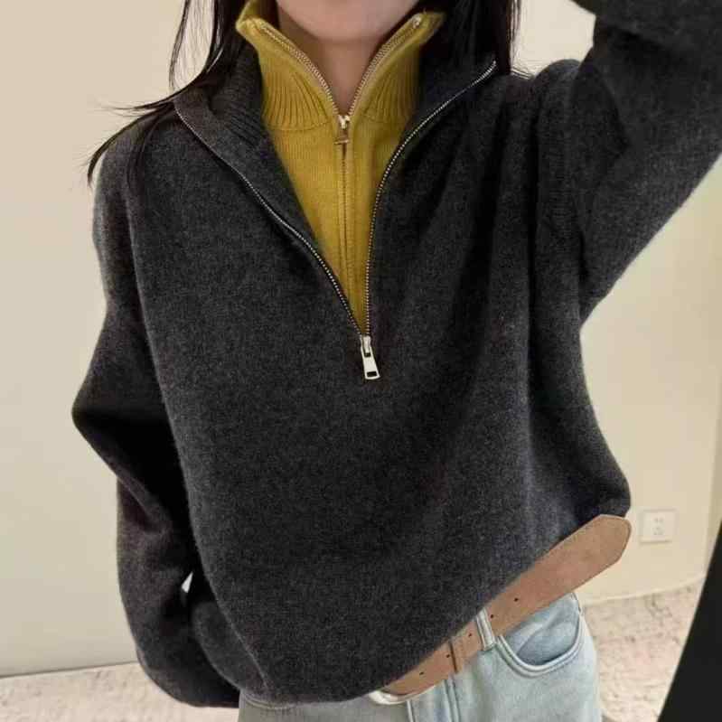 ニットセーター レディース 韓国 ゆったりスタイル 高級感 フェイクツーピース ジッパー付き 秋冬 トップス ニットウェア リラックス カジュアル 普段使い 柔らかい素材 暖かみ レイヤード コーディネートx2