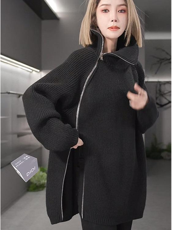ニットセーター レディース 秋冬 厚手 ゆったり 中長丈 ファスナー ハイネック フィット ユニーク ニットトップス 暖かみ カジュアルスタイル