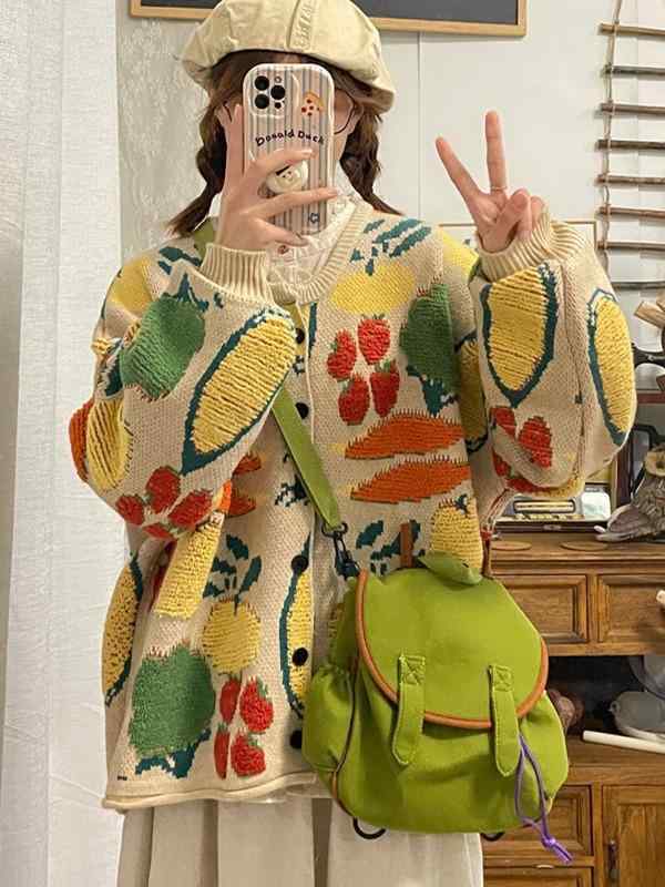 レディース 秋冬 フルーツ柄 提花 ニット カーディガン ゆったり ビッグサイズ 韓国 リラックススタイル 暖か 柔らかい セーター トップス コーデx2