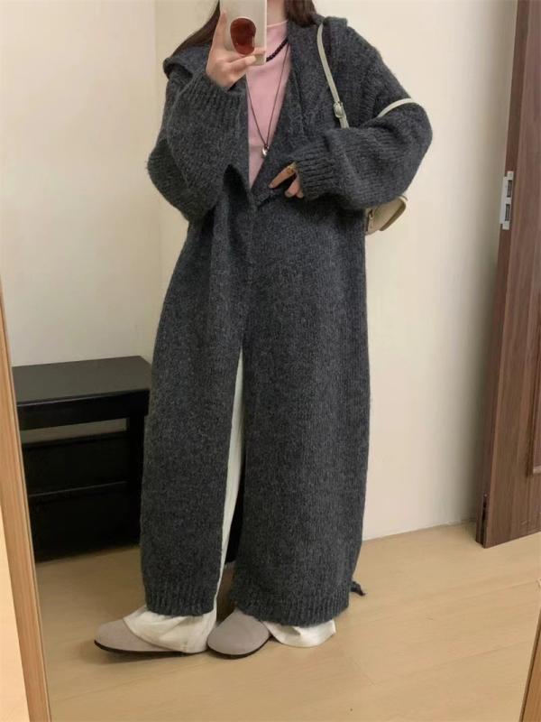 秋冬 レディース ロング丈 ゆったり ビッグサイズ ニット カーディガン コート 韓国 ラフスタイル アウター 暖か セーター トップスx2