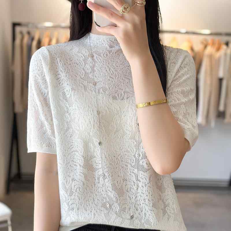 Tシャツ レディース ハーフハイネック ゆったり 短袖 ウール 薄手 無地 夏用 カジュアル トップス 軽量 ソリッドカラー フィット 日常使い