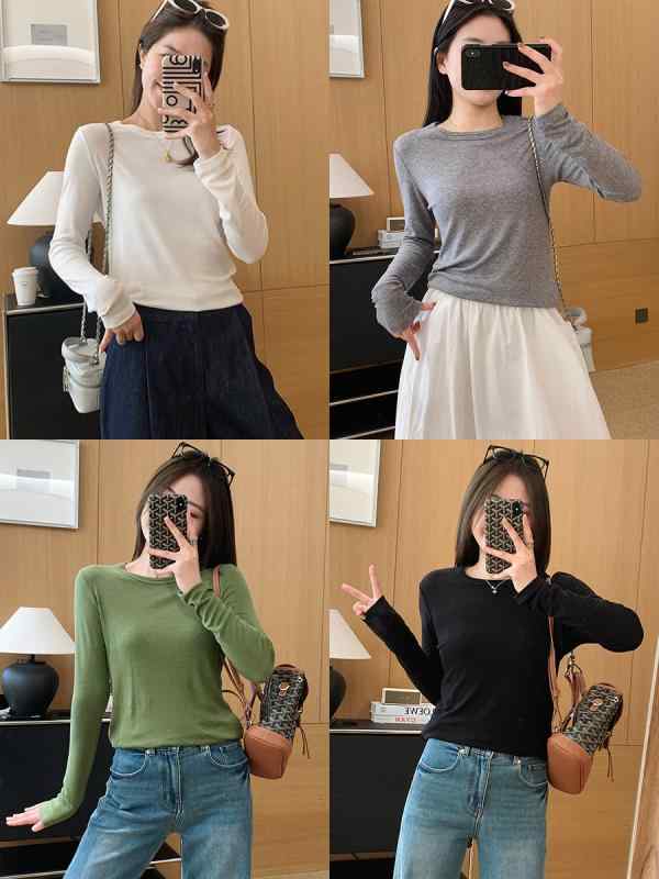 インナーTシャツ レディース 長袖 秋用 ウール 混紡 伸縮性 重ね襟 吸湿速乾 接触冷感 軽量 ベースレイヤー トップス 普段使いx2