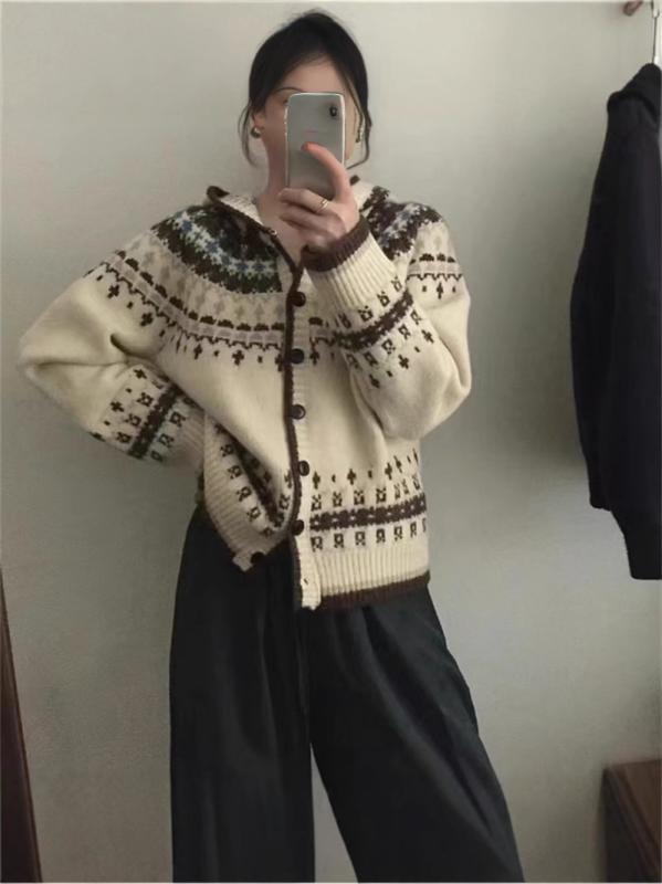 レディース フード付き レトロ ジャカード ニット カーディガン 柔らか素材 韓国 スタイリッシュ コーディネート セーター アウター 普段使い 軽量 伸縮性x2