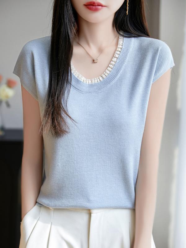 半袖ニットTシャツ レディース 夏 ゆったり パフスリーブ ラウンドネック レース 切り替え コントラストカラー 薄手 軽量 吸湿速乾 伸縮性 カジュアル コットン混