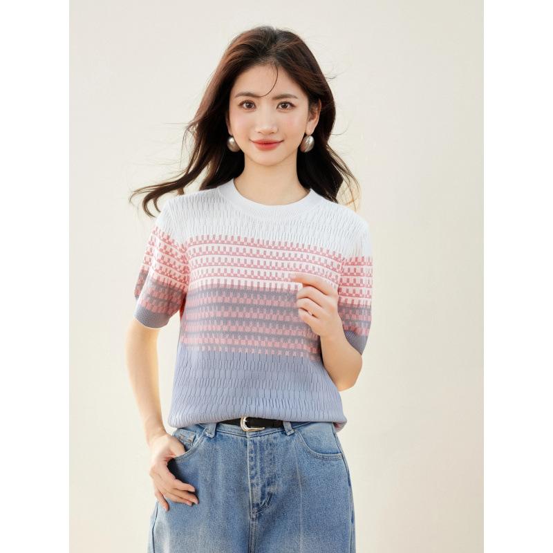 Tシャツ レディース 短袖 ストライプ 接触冷感 薄手 ニット 高級感 夏用 トップス カジュアル 吸湿速乾 軽量