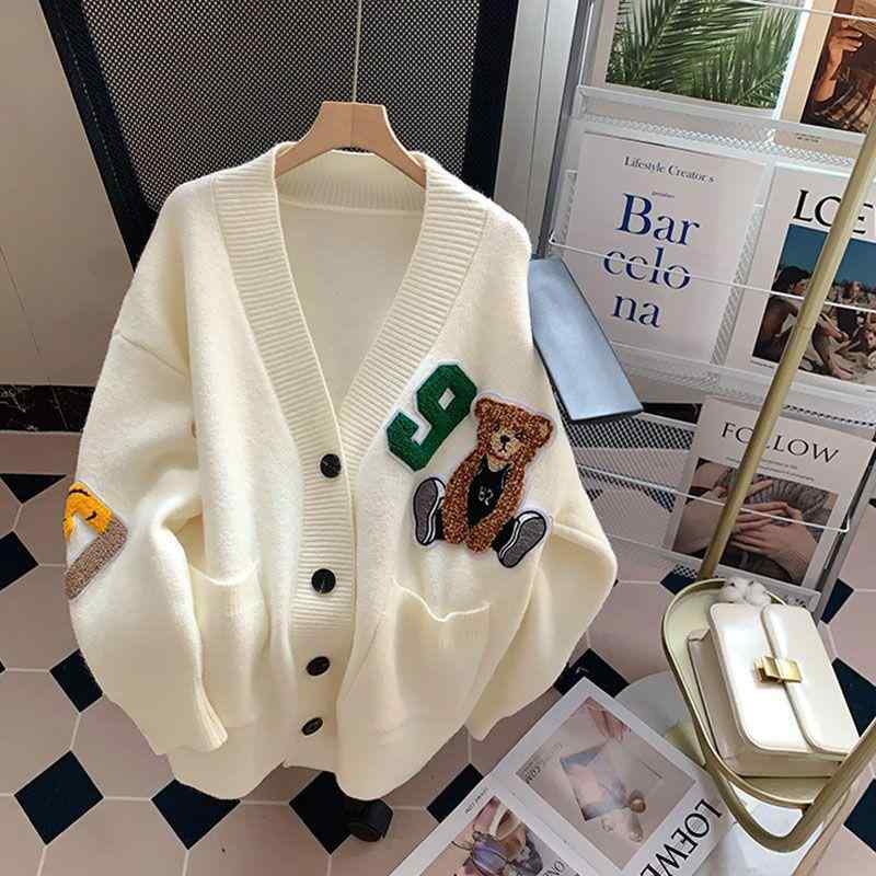 レディース ニットカーディガン 春秋 Vネック 刺繍テディベア ゆったりラフスタイル 韓国 アウター トップス フィット コットン混 軽量 普段使いx2