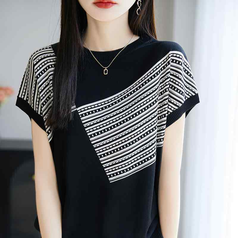 Tシャツ レディース 夏 再生繊維 吸湿速乾 通気性 薄手 軽量 ソフト ニット 短袖 トップス ミックスカラー コントラストカラー インナー レイヤリング カジュアル 普段使い