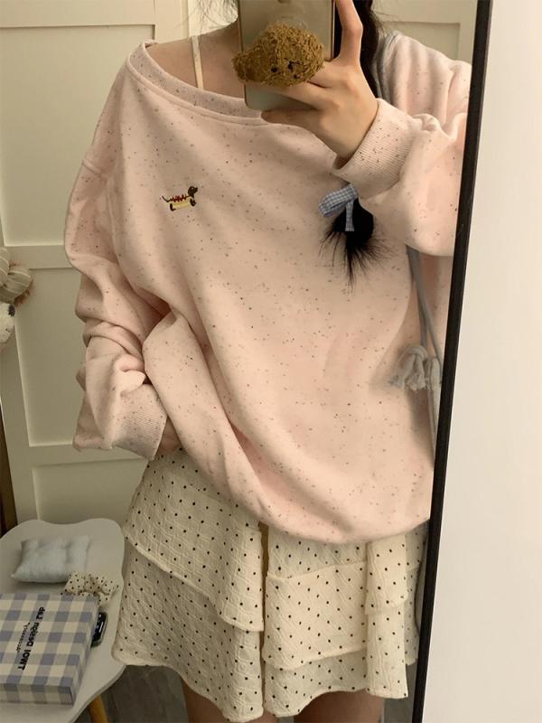 パーカー レディース ピンク かわいい 小犬柄 オフショルダー 春秋 オーバーサイズ カレッジスタイル カジュアル 普段使い 合わせやすい アウター