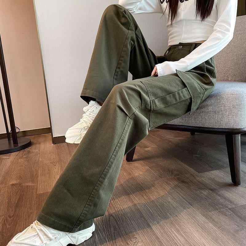 カーゴパンツ レディース 春夏 軍緑 ミリタリー ハイウエスト ワイドレッグ ストレート 綿素材 細見え 小柄対応 カジュアル アウトドア 普段使い 軽量 伸縮性