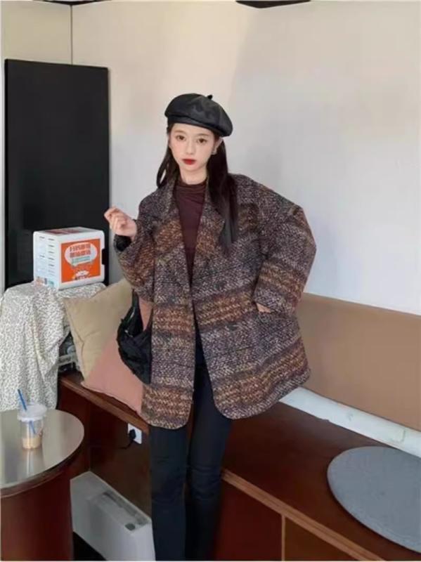 レディース 秋冬 コート チェック柄 中長丈 ウール アウター 韓国 ゆったり スリム見え シンプル プラッド フィット ボディシェイプ 毛織り 普段使いx2