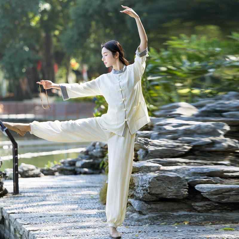 太極服 女性用 春秋 綿麻素材 ゆったりシルエット 高級感 型 練習着 禅意 居士服 セット 快適 吸湿速乾 リラックス 日常使い