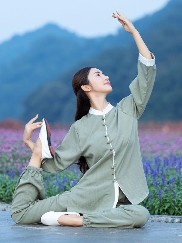 禅茶服 中華風 レトロ 盤扣 綿麻 セット 太極拳 練習着 ヨガ ウェア 中薬店 作業着 ゆったり シルエット コットン リネン 混紡 軽量 通気性 快適 日常使い