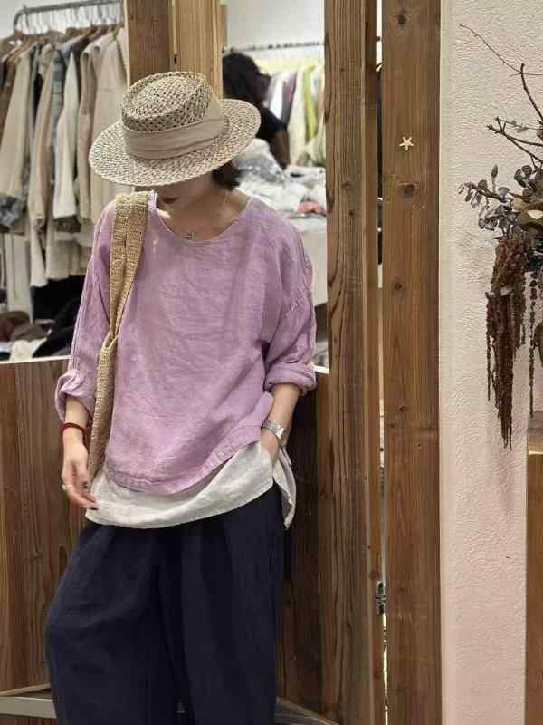 シャツ レディース 薄手 リネン ラウンドネック 夏 ゆったり シンプル キャンディカラー トップス 普段使い 軽量 吸湿速乾 通勤 外出x2｜日用雑貨　RISE店 9,956円